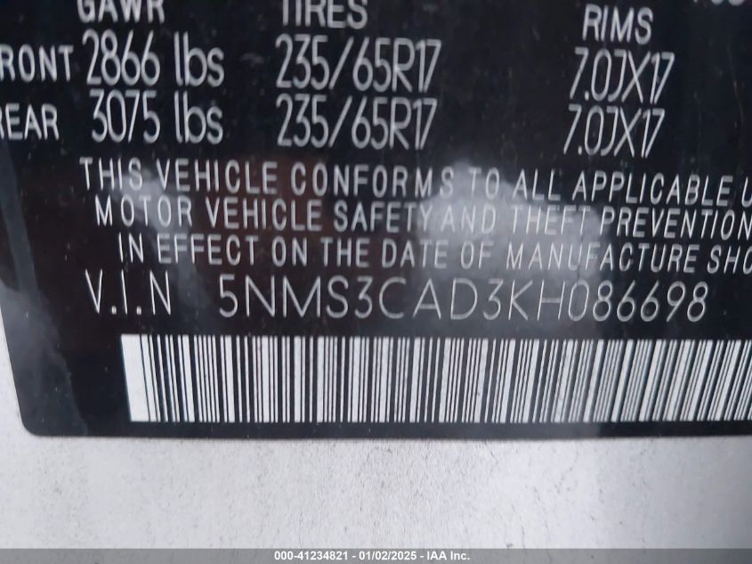 VIN 5NMS3CAD3KH086698 2019 Hyundai Santa Fe, Sel no.9