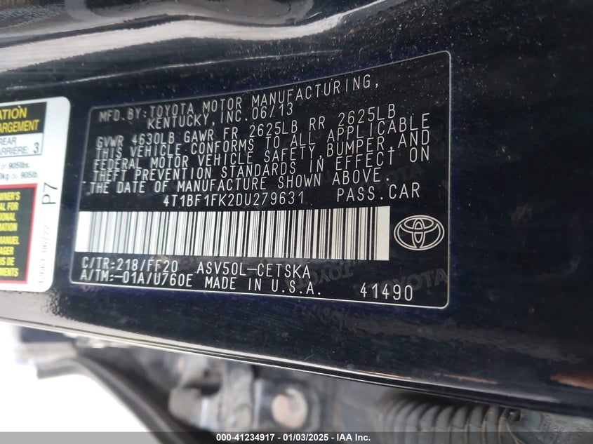 2013 TOYOTA CAMRY VIN: 4T1BF1FK2DU279631