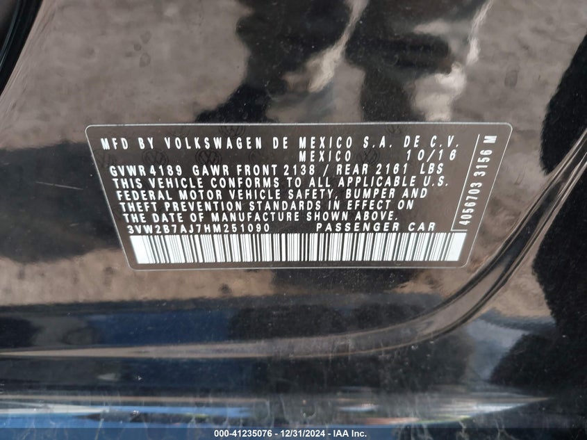 2017 VOLKSWAGEN JETTA VIN: 3VW2B7AJ7HM251090