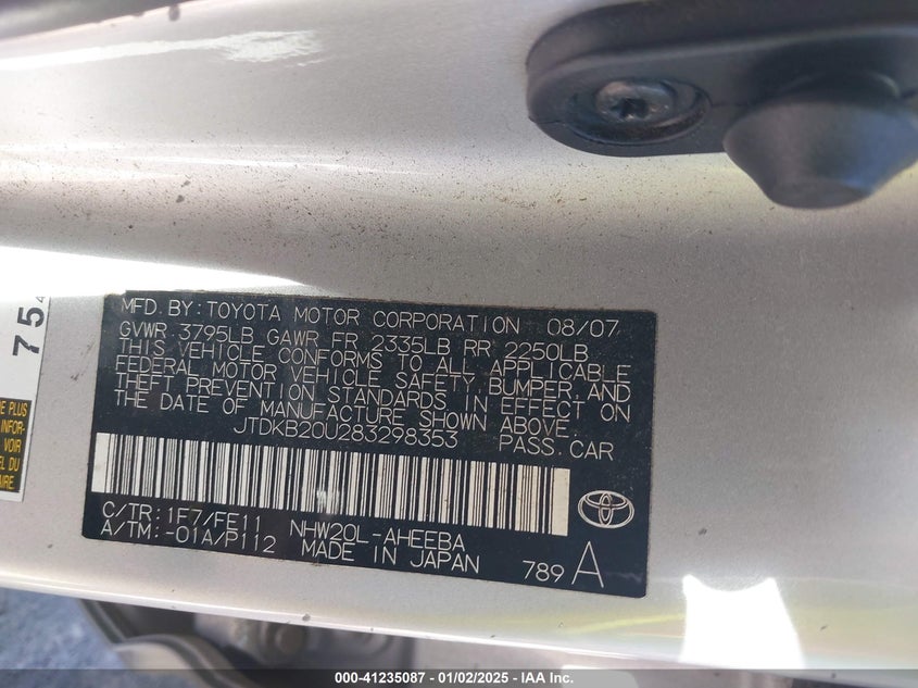 2008 TOYOTA PRIUS VIN: JTDKB20U283298353