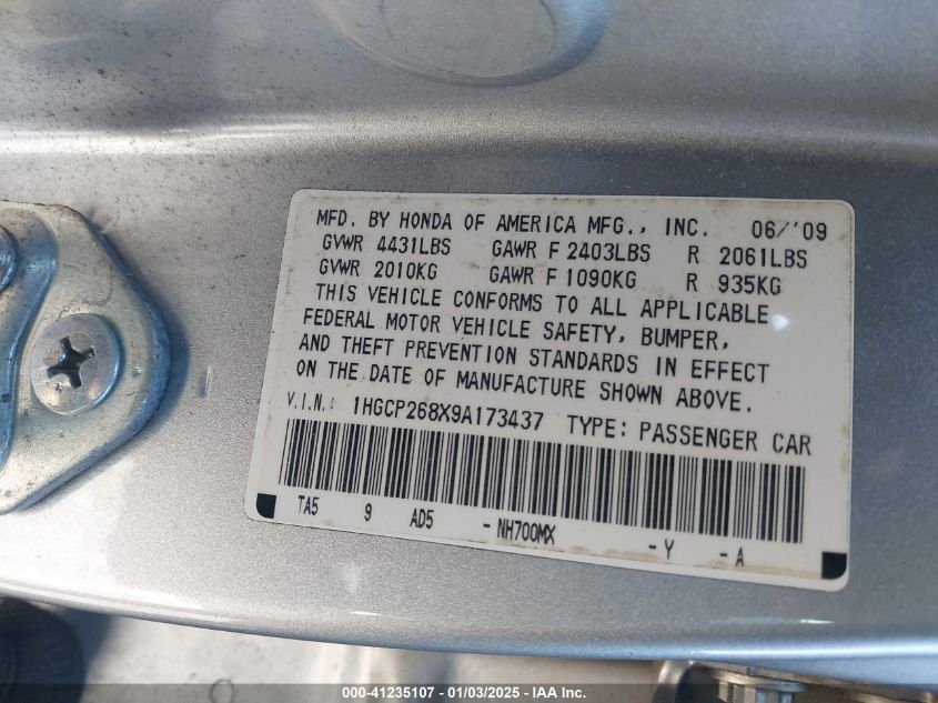 2009 Honda Accord 2.4 Ex-L VIN: 1HGCP268X9A173437 Lot: 41235107