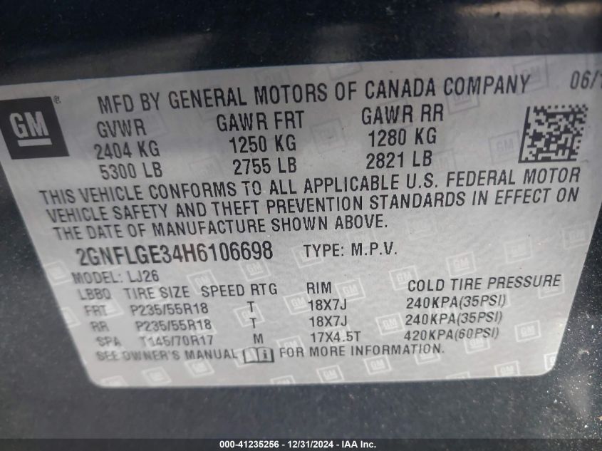 VIN 2GNFLGE34H6106698 2017 CHEVROLET EQUINOX no.9