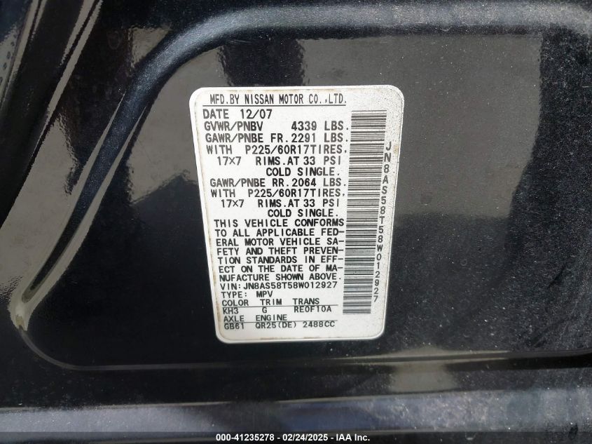 2008 Nissan Rogue Sl VIN: JN8AS58T58W012927 Lot: 41235278