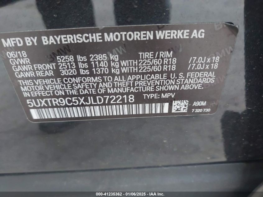 VIN 5UXTR9C5XJLD72218 2018 BMW X3, Xdrive30I no.9