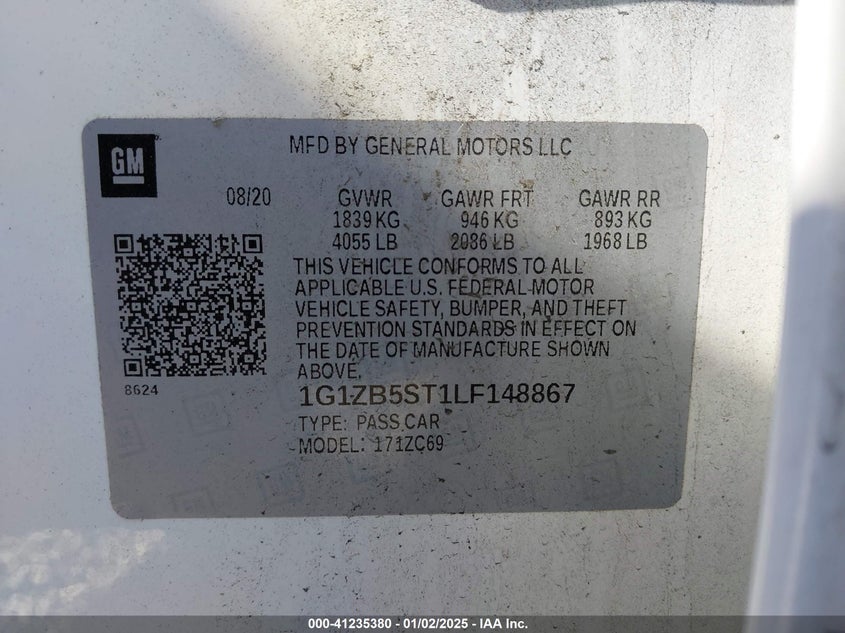 2020 CHEVROLET MALIBU VIN: 1G1ZB5ST1LF148867