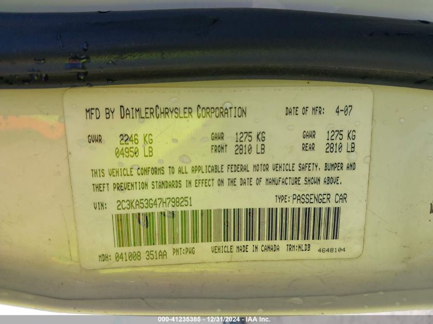 2007 Chrysler 300 Touring VIN: 2C3KA53G47H798251 Lot: 41235385