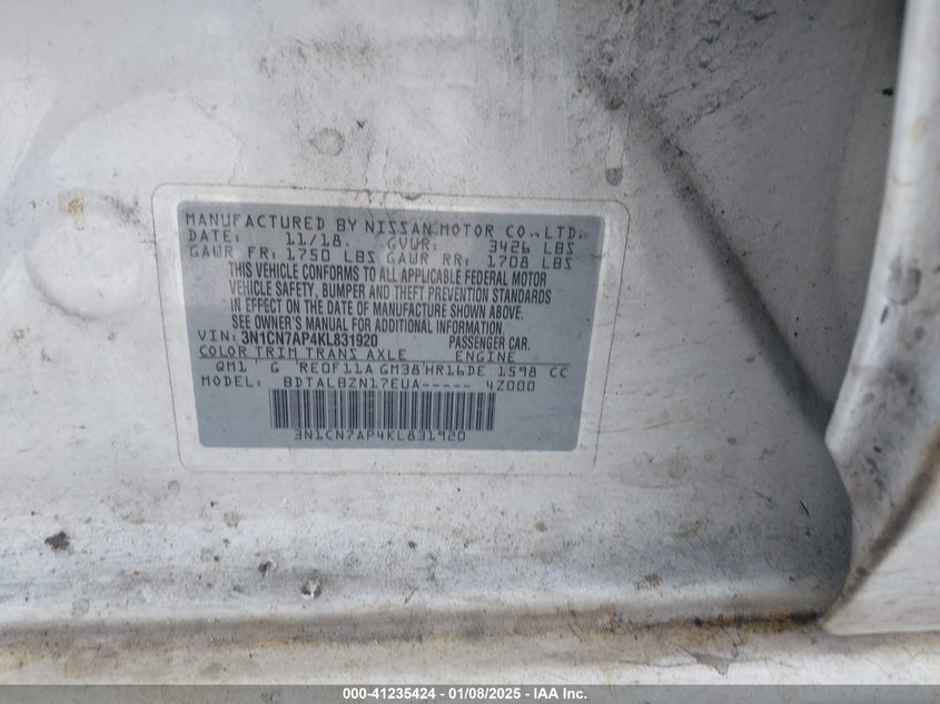 2019 NISSAN VERSA VIN: 3N1CN7AP4KL831920