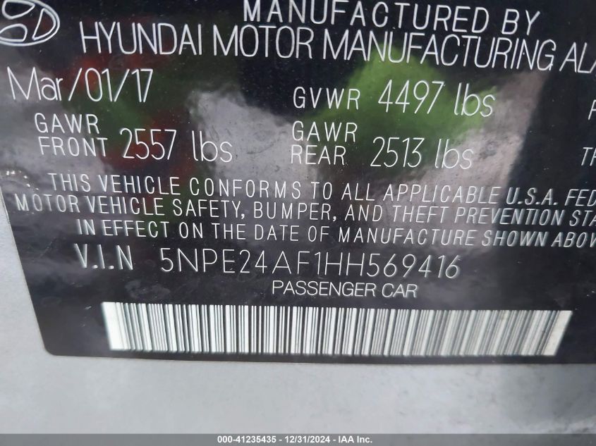 VIN 5NPE24AF1HH569416 2017 Hyundai Sonata, SE no.9