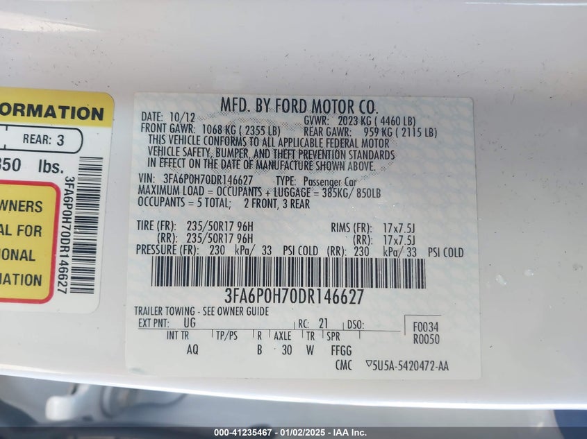 2013 FORD FUSION VIN: 3FA6P0H70DR146627