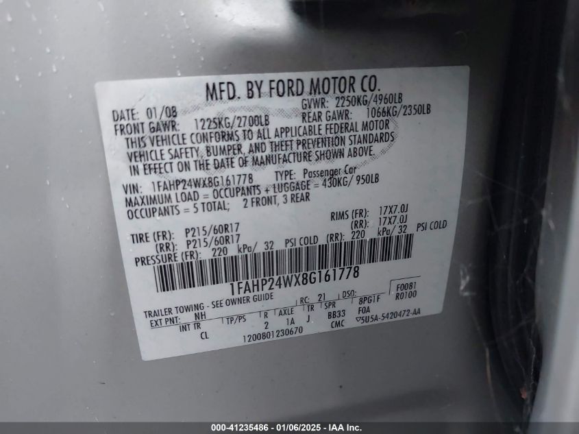 2008 Ford Taurus VIN: 1FAKP24WX8G161778 Lot: 41235486