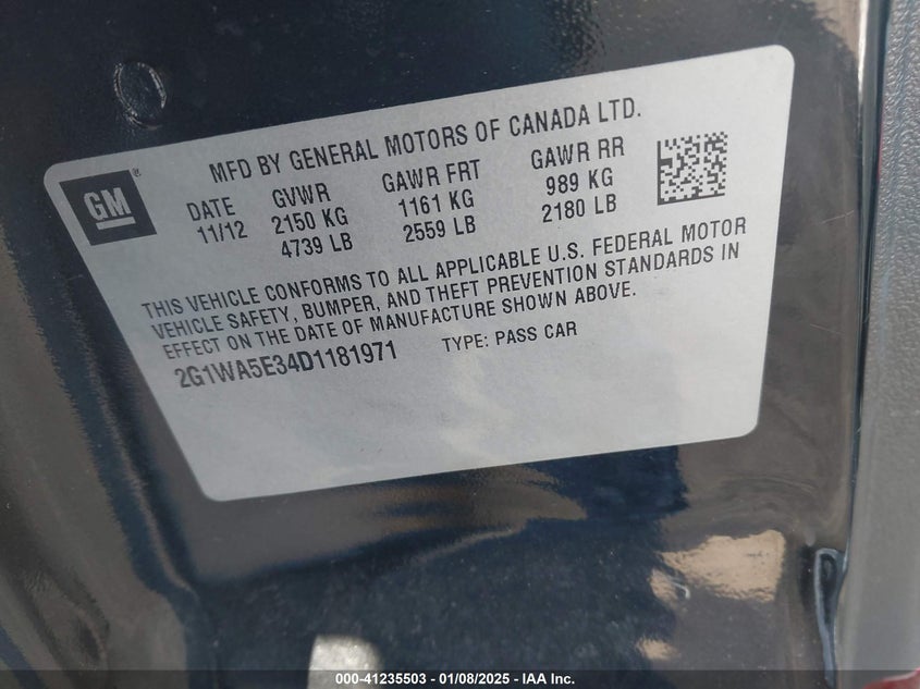 2013 CHEVROLET IMPALA VIN: 2G1WA5E34D1181971