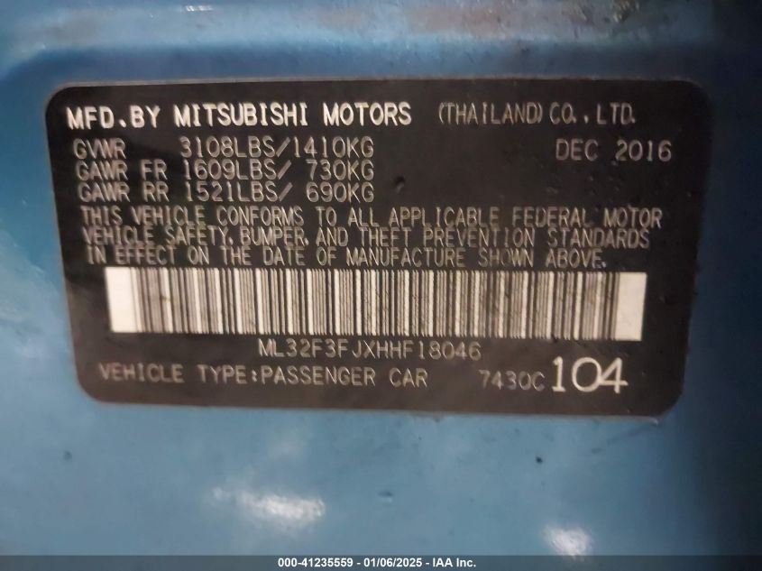 VIN ML32F3FJXHHF18046 2017 Mitsubishi Mirage, G4 ES no.9