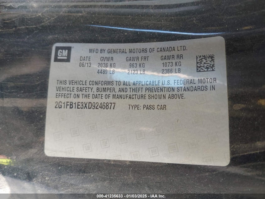 2013 CHEVROLET CAMARO VIN: 2G1FB1E3XD9246877