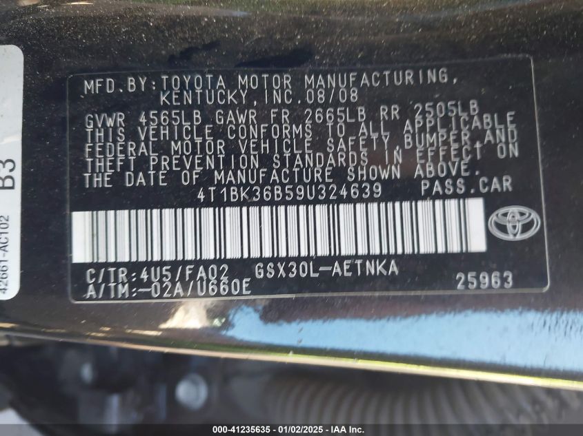 2009 Toyota Avalon VIN: 4TLBK36B59U324639 Lot: 41235635