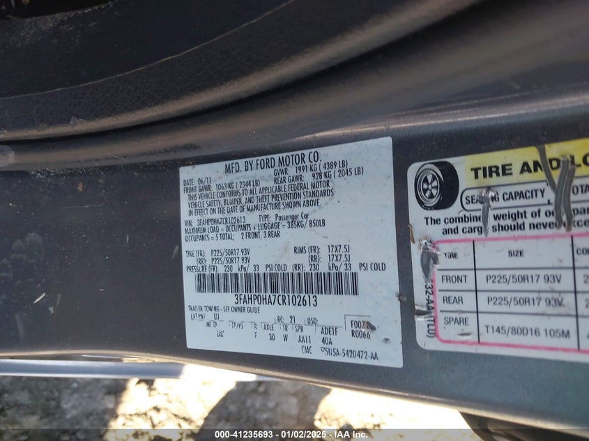 2012 FORD FUSION VIN: 3FAHP0HA7CR102613