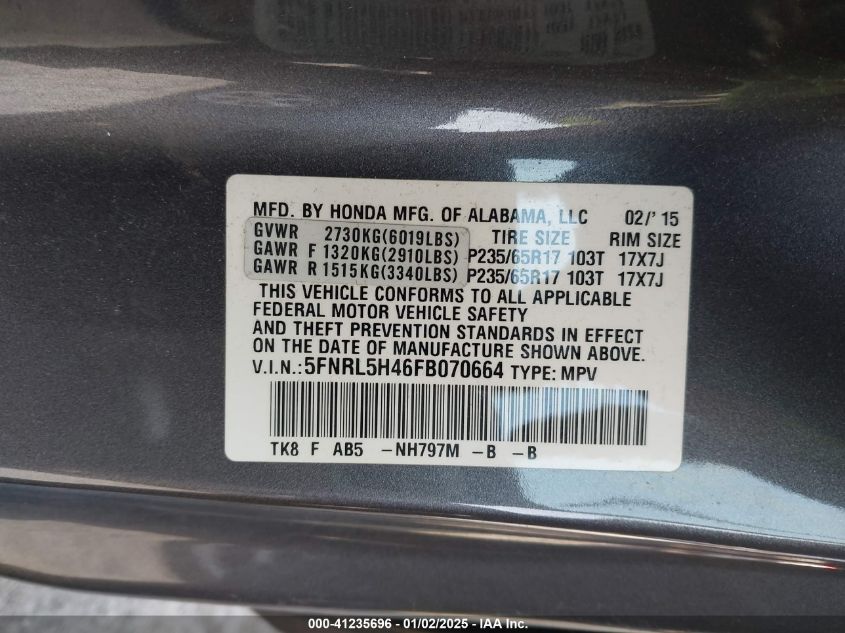 VIN 5FNRL5H46FB070664 2015 HONDA ODYSSEY no.9