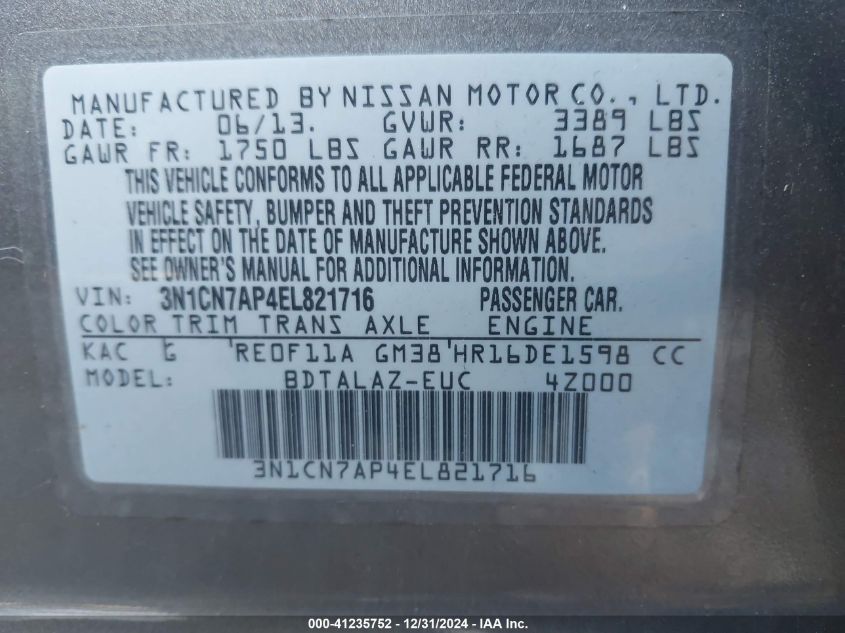 VIN 3N1CN7AP4EL821716 2014 Nissan Versa, 1.6 S+ no.9