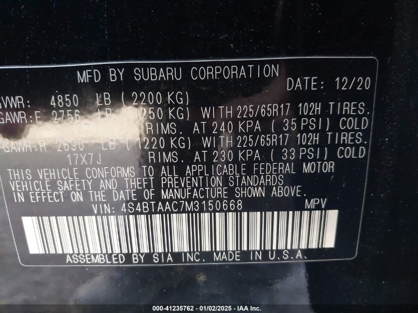 VIN 4S4BTAAC7M3150668 2021 SUBARU OUTBACK no.9