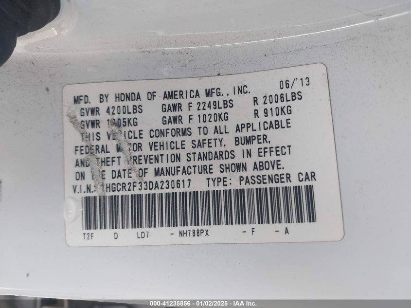 2013 HONDA ACCORD VIN: 1HGCR2F33DA230617
