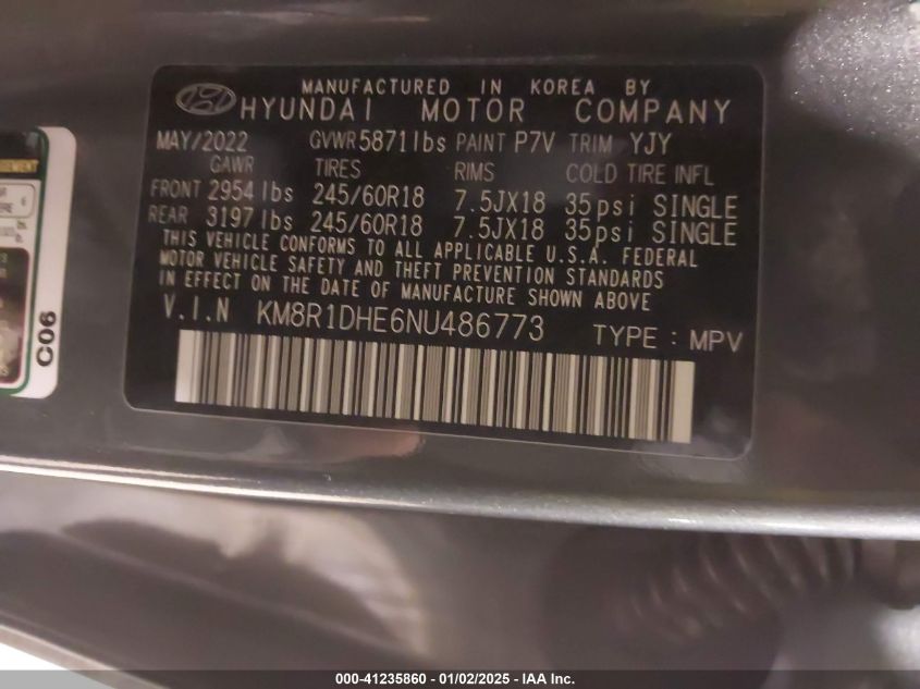 VIN KM8R1DHE6NU486773 2022 Hyundai Palisade, SE no.9