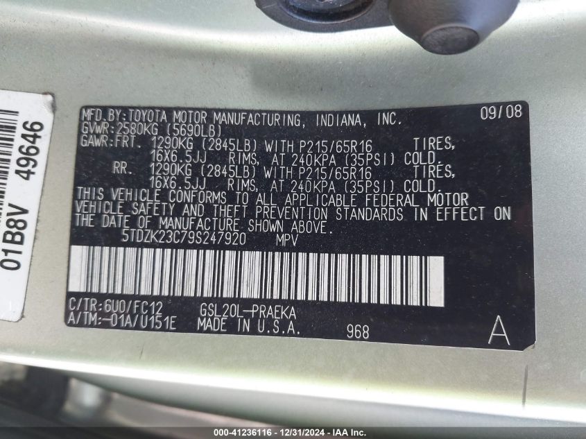 2009 Toyota Sienna Le VIN: 5TDZK23C79S247920 Lot: 41236116