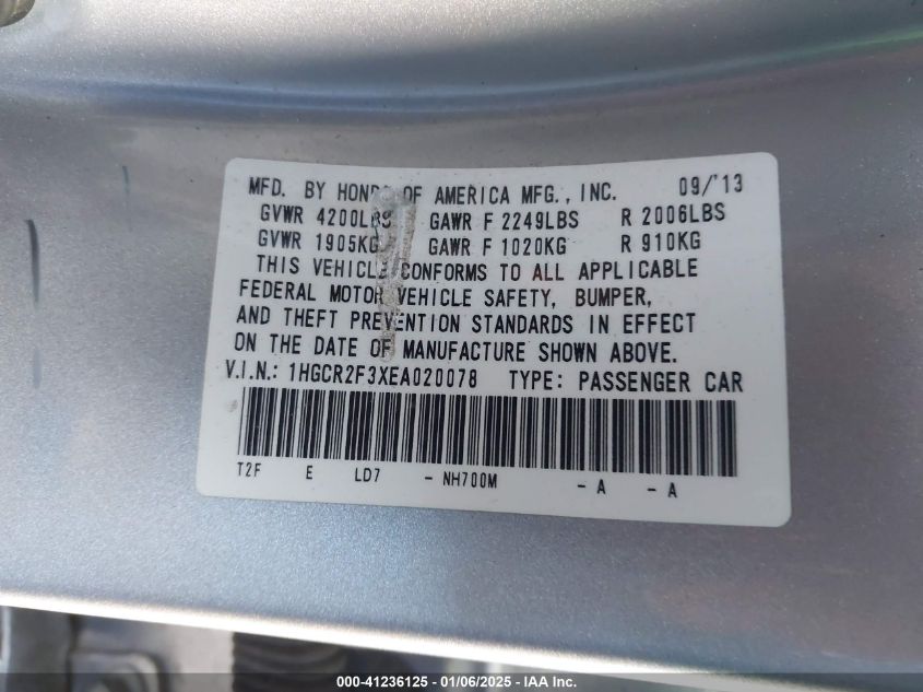 VIN 1HGCR2F3XEA020078 2014 Honda Accord, LX no.9