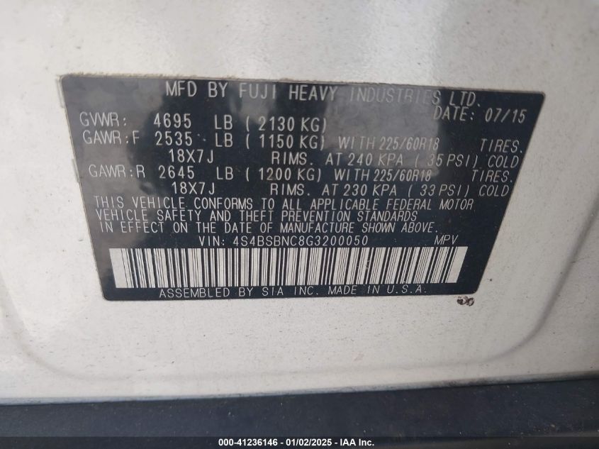 VIN 4S4BSBNC8G3200050 2016 Subaru Outback, 2.5I Lim... no.9