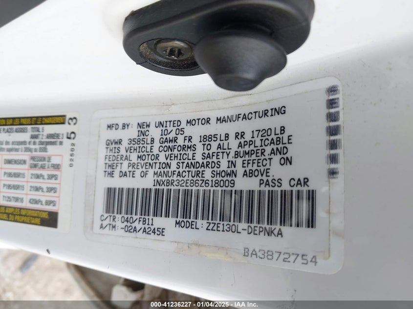 2006 TOYOTA COROLLA VIN: 1NXBR32E86Z618009