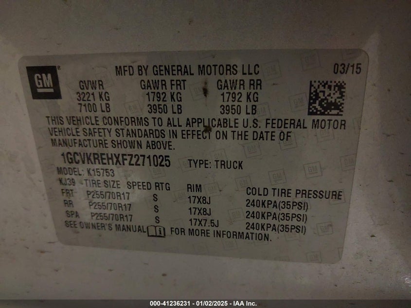 2015 CHEVROLET SILVERADO 1500 VIN: 1GCVKREHXFZ271025