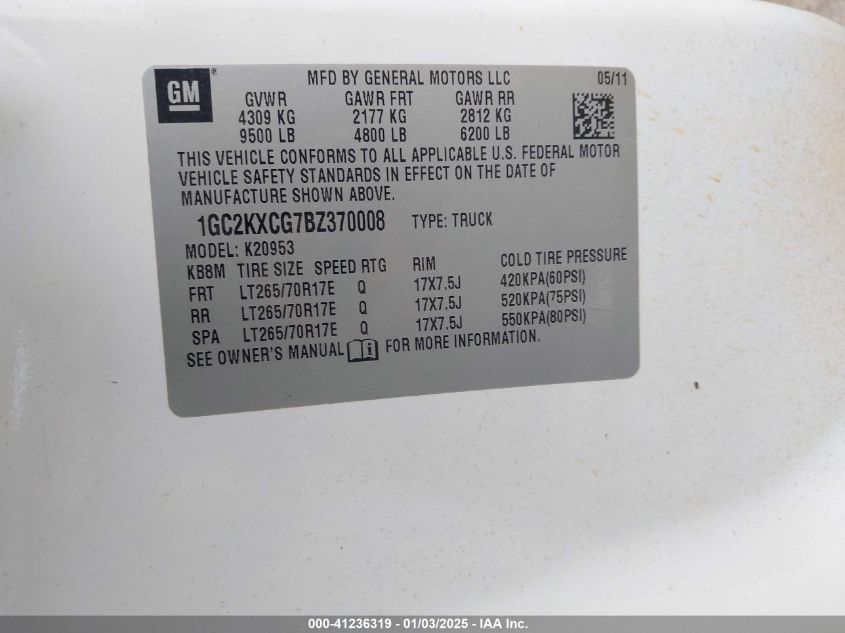 2011 Chevrolet Silverado Lt VIN: 1GC2KXCG7BZ37000 Lot: 41236319