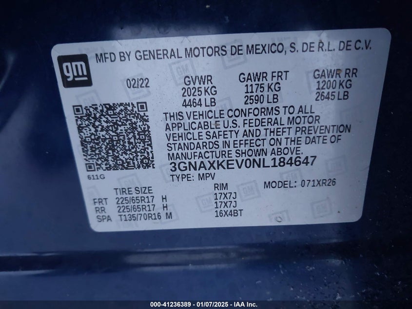2022 CHEVROLET EQUINOX VIN: 3GNAXKEV0NL184647