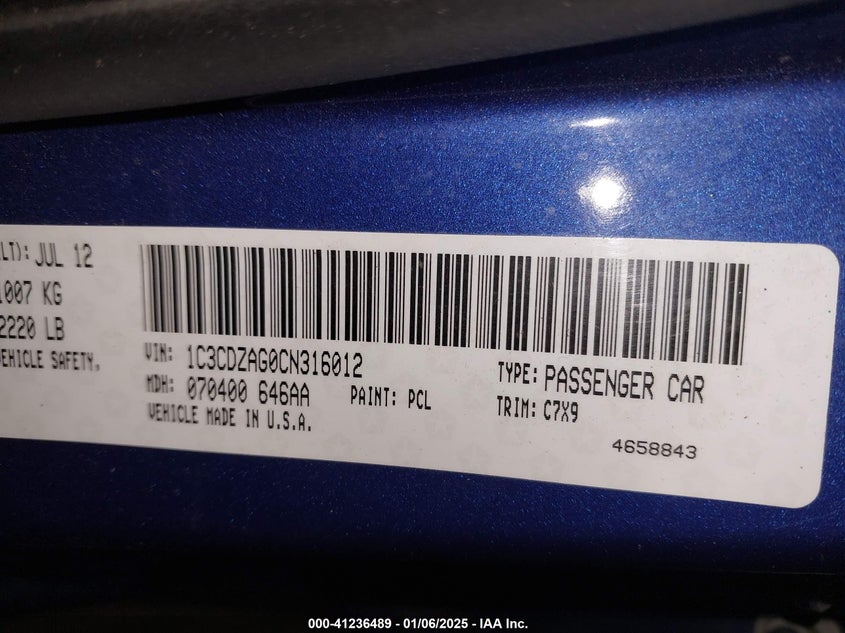 2012 DODGE AVENGER VIN: 1C3CDZAG0CN316012