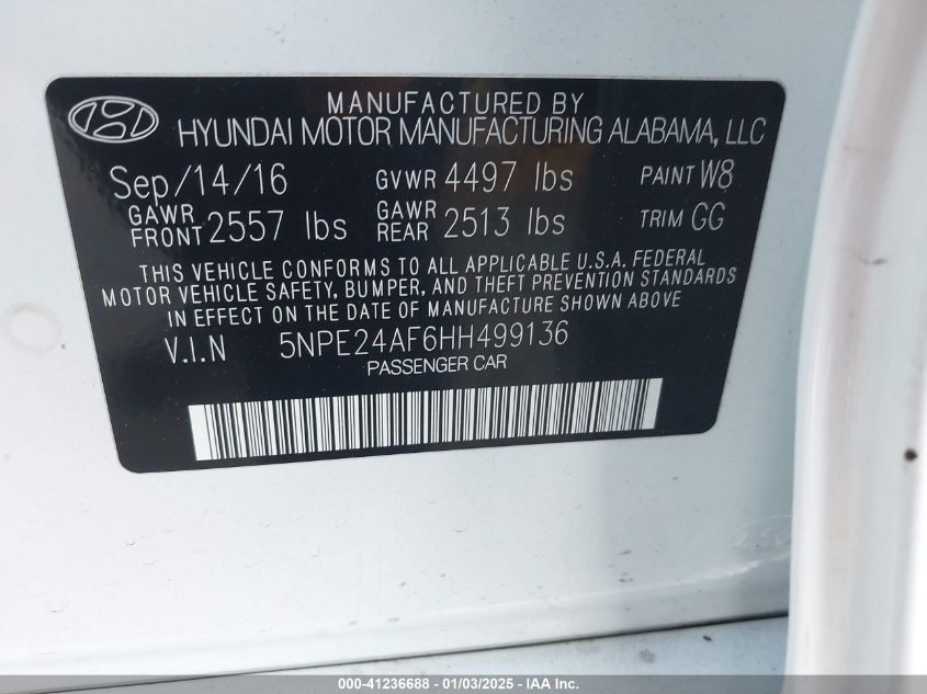 2017 Hyundai Sonata Se VIN: 5NPE24AF6HH499136 Lot: 41236688