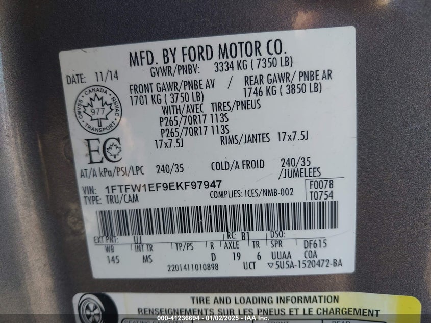 2014 FORD F-150 VIN: 1FTFW1EF9EKF97947