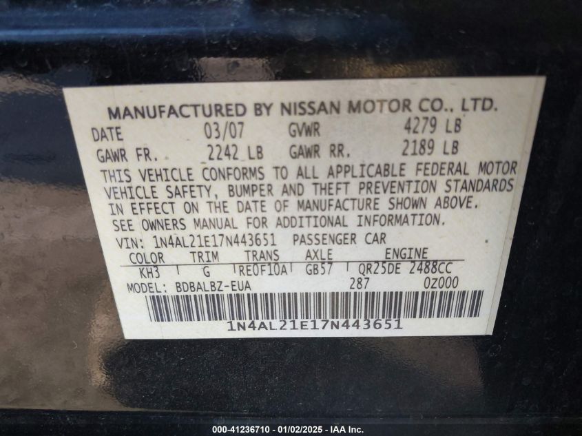 2007 Nissan Altima 2.5 S VIN: 1N4AL21E17N443651 Lot: 41236710