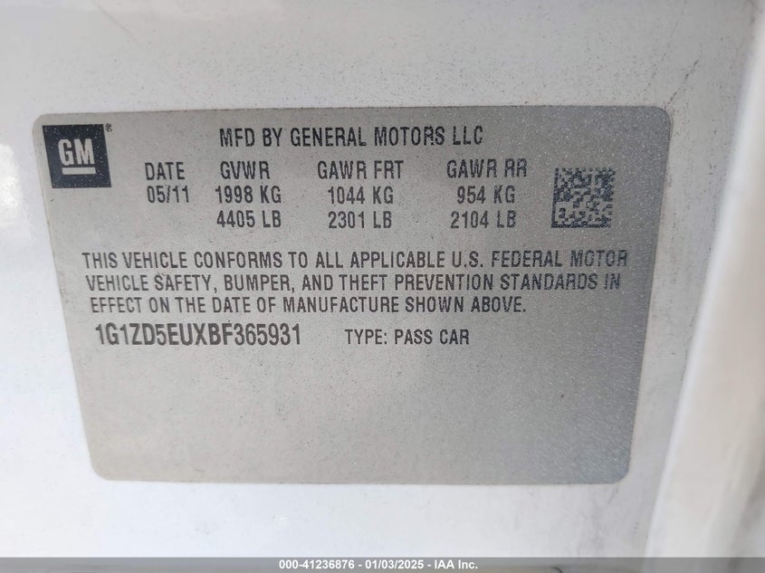 2011 Chevrolet Malibu 2Lt VIN: 1G1ZD5EUXBF365931 Lot: 41236876