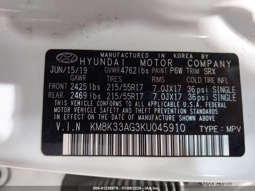 VIN KM8K33AG3KU045910 2019 Hyundai Kona, EV Limited no.9