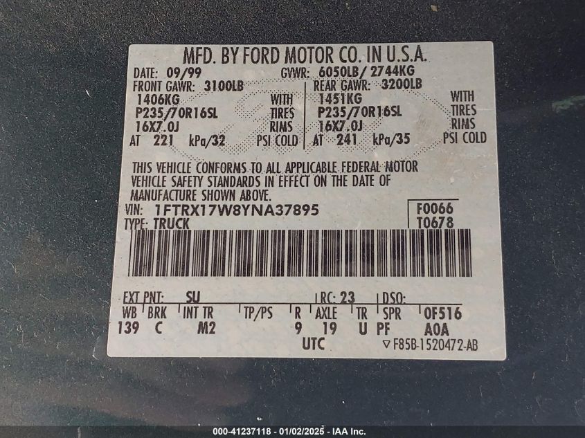 2000 Ford F-150 Lariat/Work Series/Xl/Xlt VIN: 1FTRX17W8YNA37895 Lot: 41237118