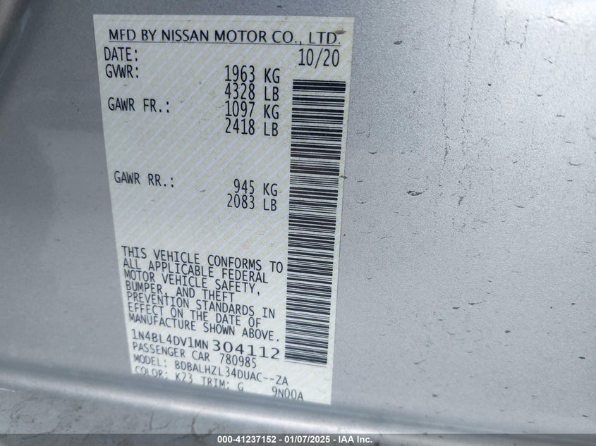 2021 NISSAN ALTIMA VIN: 1N4BL4DV1MN304112