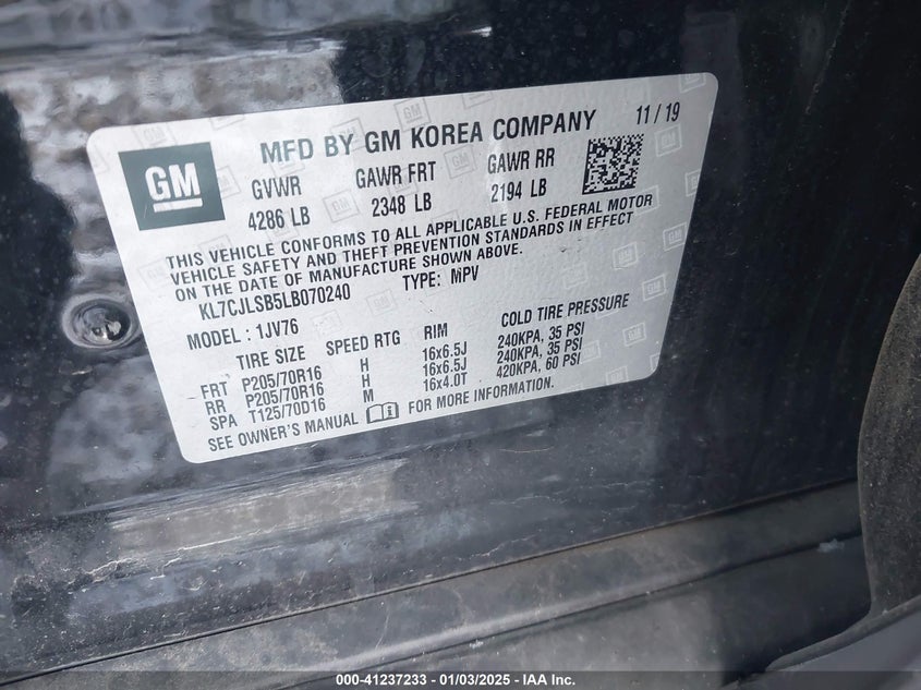 2020 CHEVROLET TRAX 1LT - KL7CJLSB5LB070240