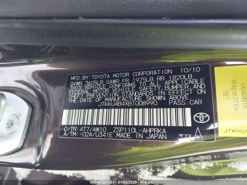 2011 TOYOTA SCION XD VIN: JTKKU4B4XB1008990