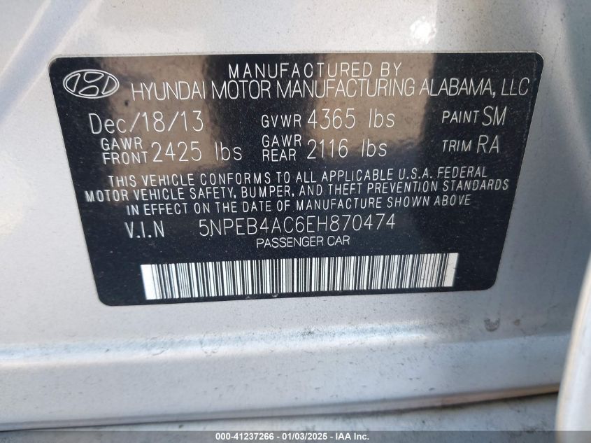 2014 HYUNDAI SONATA GLS - 5NPEB4AC6EH870474