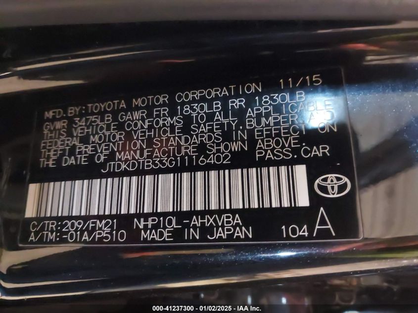 VIN JTDKDTB33G1116402 2016 Toyota Prius, C Persona... no.9