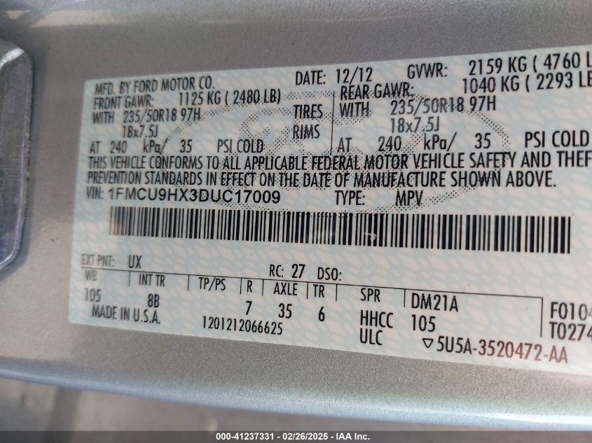 2013 Ford Escape Sel VIN: 1FMCU9HX3DUC17009 Lot: 41237331