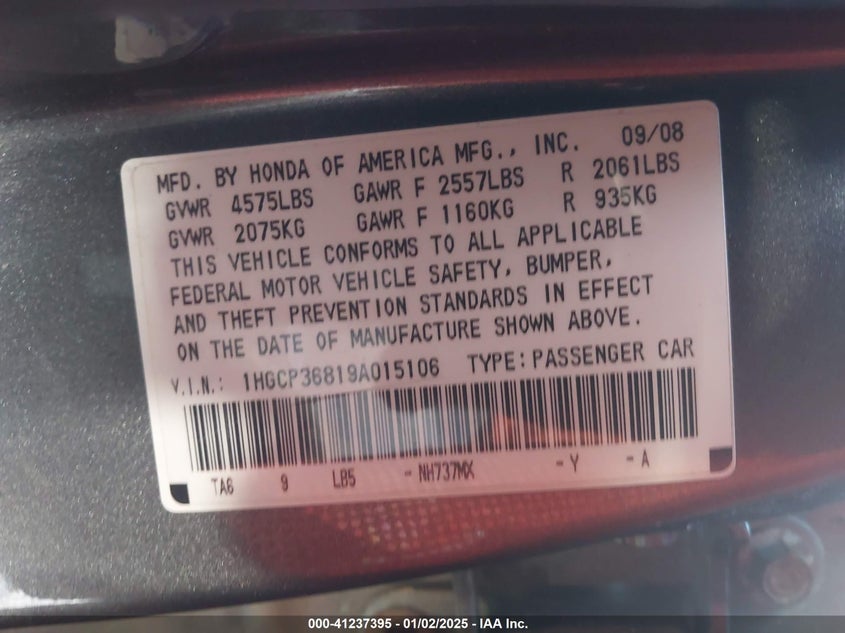 2009 HONDA ACCORD VIN: 1HGCP36819A015106