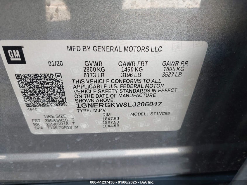 2020 CHEVROLET TRAVERSE VIN: 1GNERGKW8LJ206047
