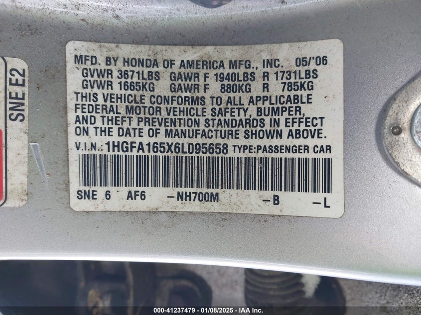 2006 HONDA CIVIC VIN: 1HGFA165X6L095658