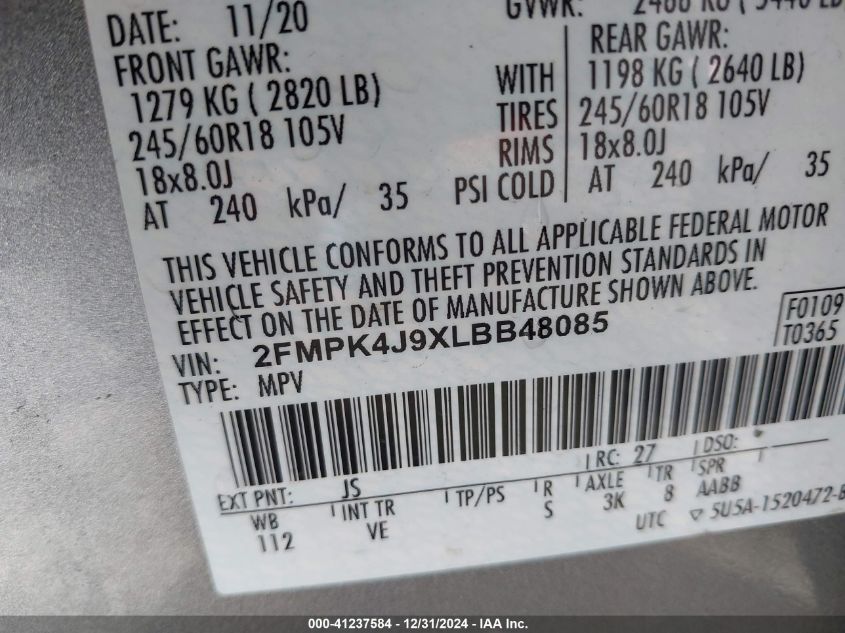 VIN 2FMPK4J9XLBB48085 2020 Ford Edge, Sel no.9