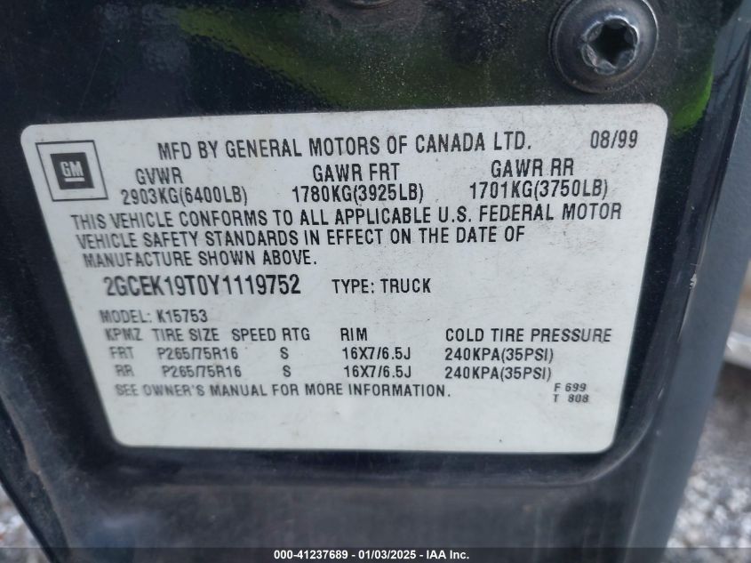 2000 Chevrolet Silverado 1500 Ls VIN: 2GCEK19T0Y1119752 Lot: 41237689