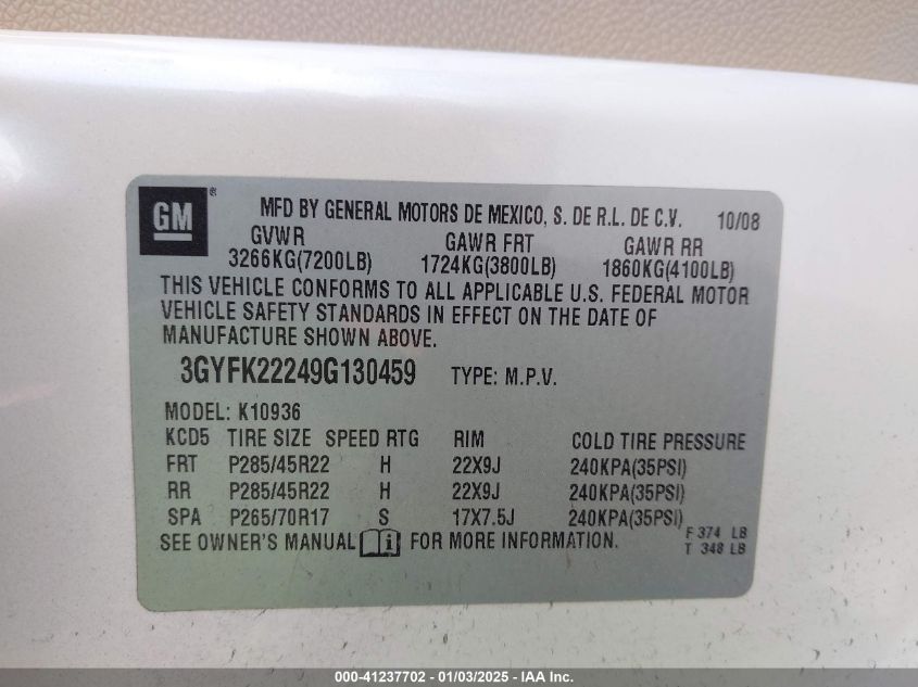 2009 Cadillac Escalade Ext Standard VIN: 3GYFK22249G130459 Lot: 41237702